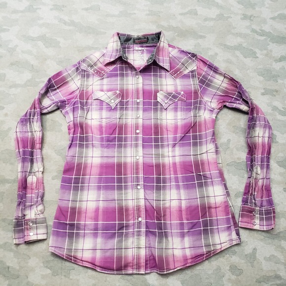 Rock 47 By Wrangler Tops - Wrangler Rock 47 Top Womens Medium Purple Western Plaid Pearl Snap Short Sleeve